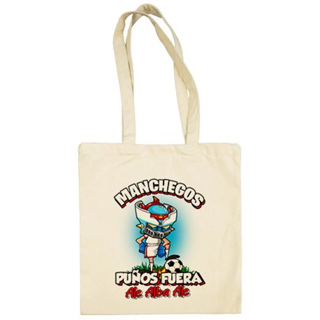Bolsa de tela frase manchegos puños fuera parodia robot de los 80 para nostálgicos futboleros de Albacete