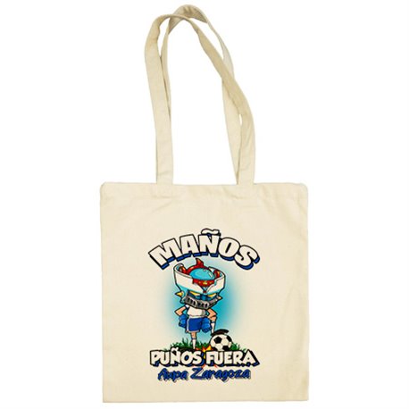 Bolsa de tela frase maños puños fuera parodia robot de los 80 para nostálgicos futboleros de Zaragoza