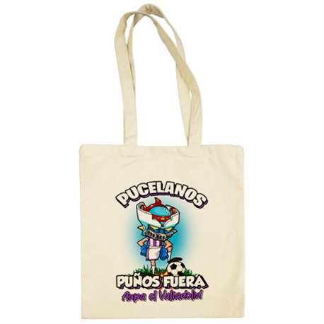 Bolsa de tela frase pucelanos puños fuera parodia robot de los 80 para nostálgicos futboleros de Valladolid