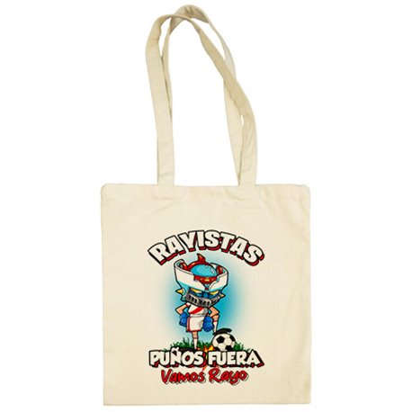 Bolsa de tela frase rayistas puños fuera parodia robot de los 80 para nostálgicos futboleros del Rayo