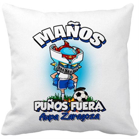 Cojín con relleno frase maños puños fuera parodia robot de los 80 para nostálgicos futboleros de Zaragoza
