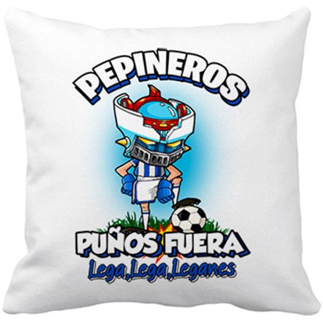 Cojín con relleno frase pepineros puños fuera parodia robot de los 80 para nostálgicos futboleros de Leganés
