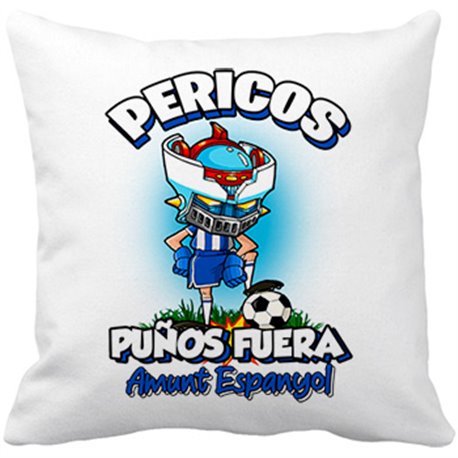 Cojín con relleno frase pericos puños fuera parodia robot de los 80 para nostálgicos futboleros del equipo espanyol
