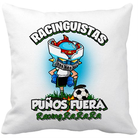 Cojín con relleno frase racinguistas puños fuera parodia robot de los 80 para nostálgicos futboleros del Racing