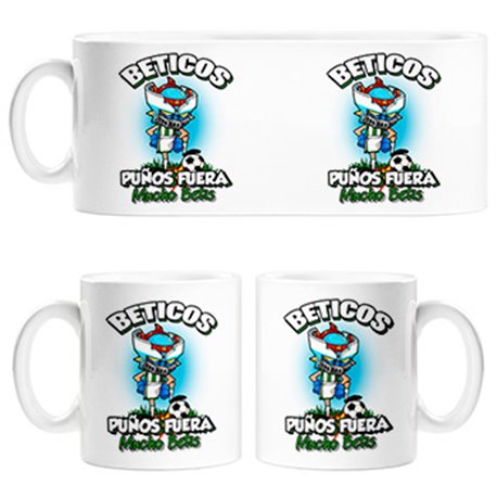 Taza frase béticos puños fuera parodia robot de los 80 para nostálgicos futboleros del Betis