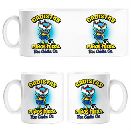 Taza frase cadistas puños fuera parodia robot de los 80 para nostálgicos futboleros de Cádiz