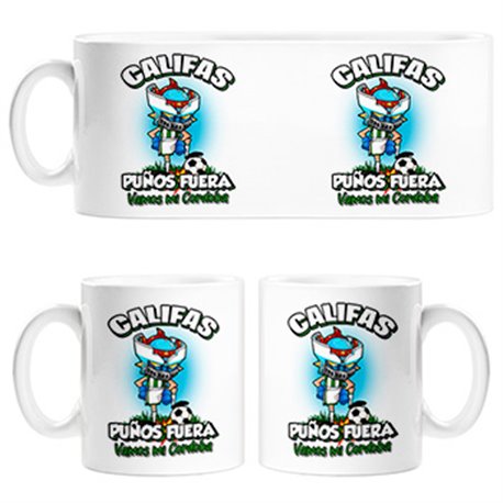 Taza frase califas puños fuera parodia robot de los 80 para nostálgicos futboleros de Córdoba
