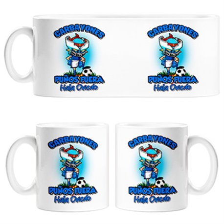 Taza frase carbayones puños fuera parodia robot de los 80 para nostálgicos futboleros de Oviedo