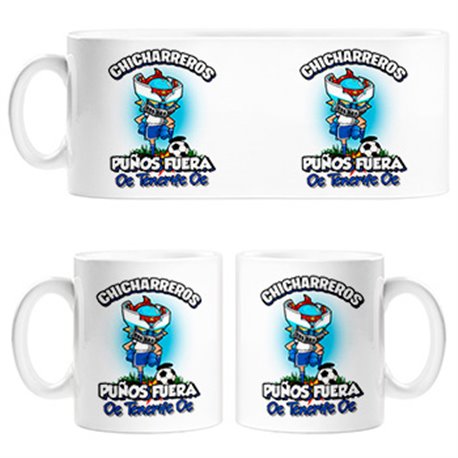 Taza frase chicharreros puños fuera parodia robot de los 80 para nostálgicos futboleros de Tenerife