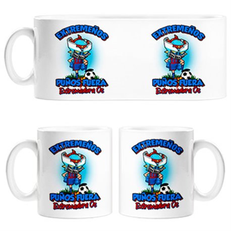 Taza frase extremeños puños fuera parodia robot de los 80 para nostálgicos futboleros de Extremadura