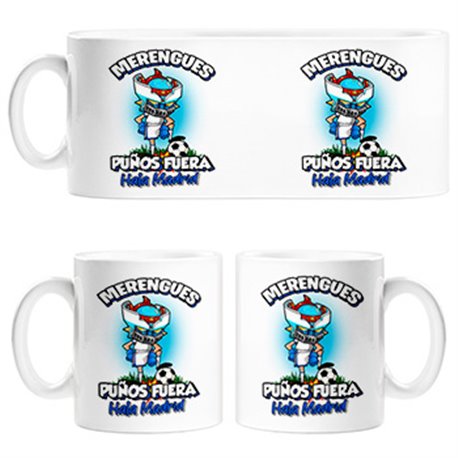 Taza frase merengues puños fuera parodia robot de los 80 para nostálgicos futboleros de Madrid (DESACTIVAR)