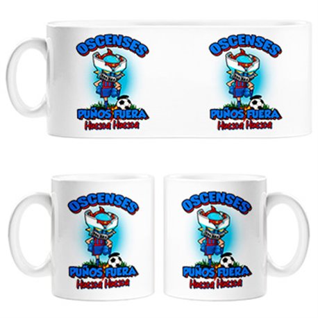 Taza frase oscenses puños fuera parodia robot de los 80 para nostálgicos futboleros de Huesca