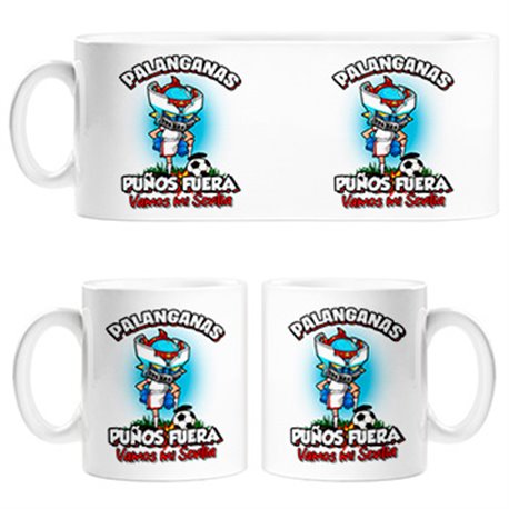 Taza frase palanganas puños fuera parodia robot de los 80 para nostálgicos futboleros de Sevilla