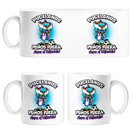 Taza frase pucelanos puños fuera parodia robot de los 80 para nostálgicos futboleros de Valladolid