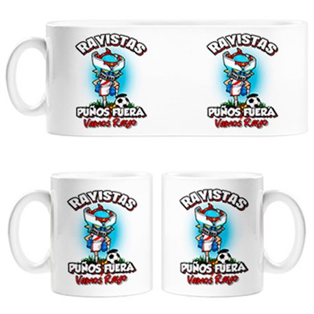 Taza frase rayistas puños fuera parodia robot de los 80 para nostálgicos futboleros del Rayo