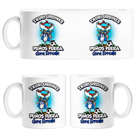 Taza frase txuri urdines puños fuera parodia robot de los 80 para nostálgicos futboleros