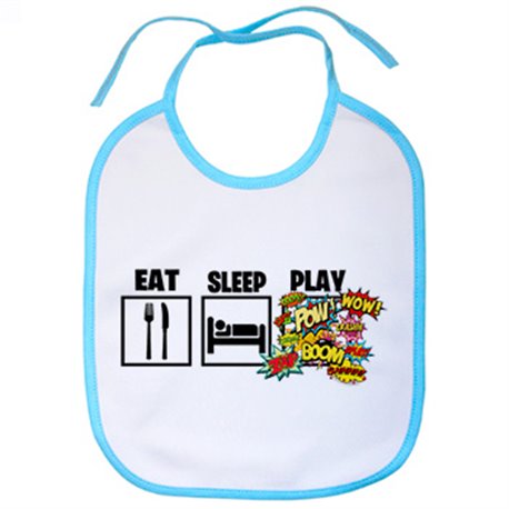 Babero para gamers viciados de los videojuegos de lucha y shooters con frase Eat Sleep Play
