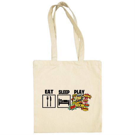Bolsa de tela para gamers viciados de los videojuegos de lucha y shooters con frase Eat Sleep Play
