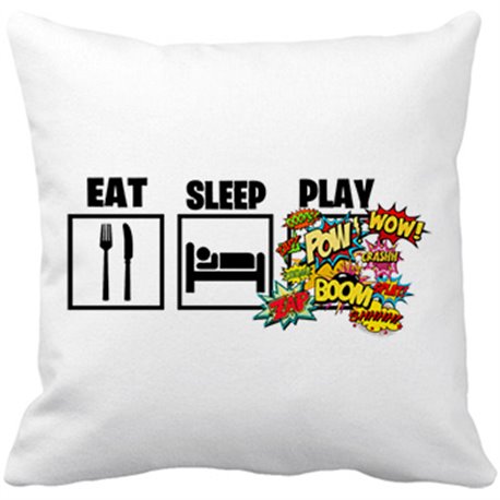 Cojín con relleno para gamers viciados de los videojuegos de lucha y shooters con frase Eat Sleep Play
