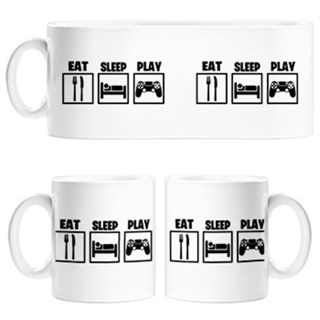 Taza para gamers viciados de los videojuegos con frase Eat Sleep Play