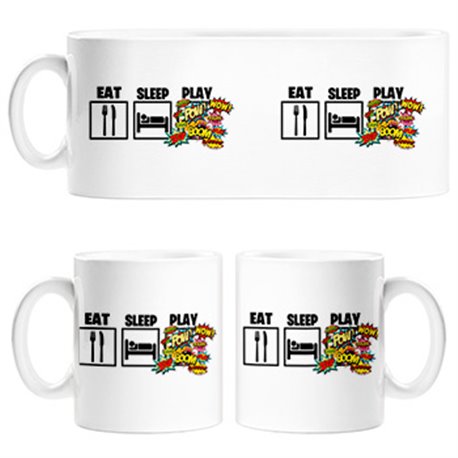 Taza para gamers viciados de los videojuegos de lucha y shooters con frase Eat Sleep Play