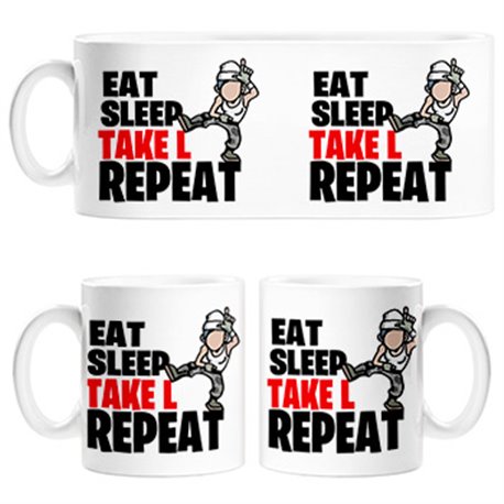 Taza parodia pose baile gamer frase eat sleep Take L repeat