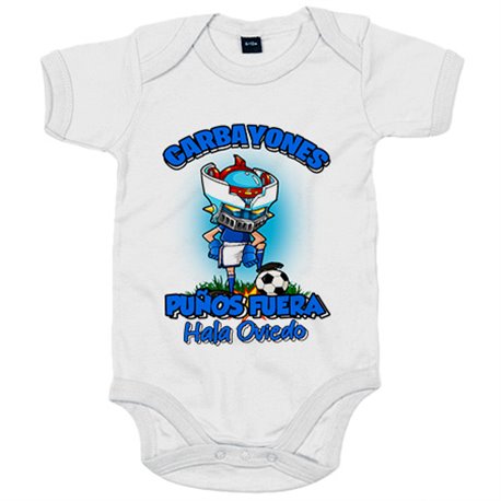 Body bebé frase carbayones puños fuera parodia robot de los 80 para nostálgicos futboleros de Oviedo
