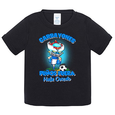 Camiseta bebé frase carbayones puños fuera parodia robot de los 80 para nostálgicos futboleros de Oviedo