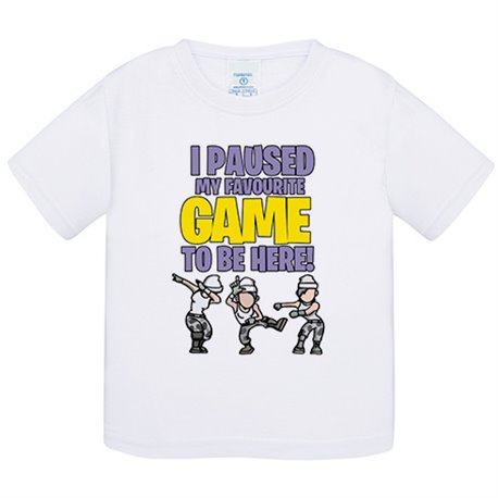 Camiseta bebé frase I paused my favourite game to be here para gamers viciados a las poses Dab Take L y Floss