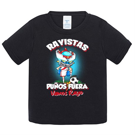 Camiseta bebé frase rayistas puños fuera parodia robot de los 80 para nostálgicos futboleros del Rayo