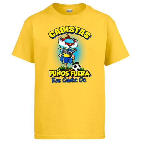 Camiseta frase cadistas puños fuera parodia robot de los 80 para nostálgicos futboleros de Cádiz