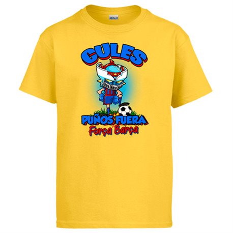Camiseta frase culés puños fuera parodia robot de los 80 para nostálgicos futboleros de Barcelona