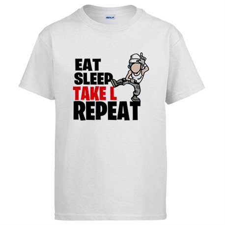Camiseta parodia pose baile gamer frase eat sleep Take L repeat