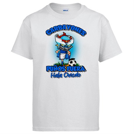 Camiseta frase carbayones puños fuera parodia robot de los 80 para nostálgicos futboleros de Oviedo