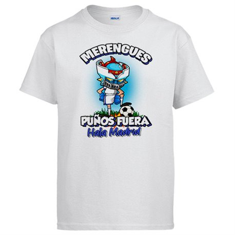 Camiseta frase merengues puños fuera parodia robot de los 80 para nostálgicos futboleros de Madrid