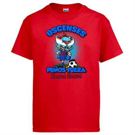 Camiseta frase oscenses puños fuera parodia robot de los 80 para nostálgicos futboleros de Huesca