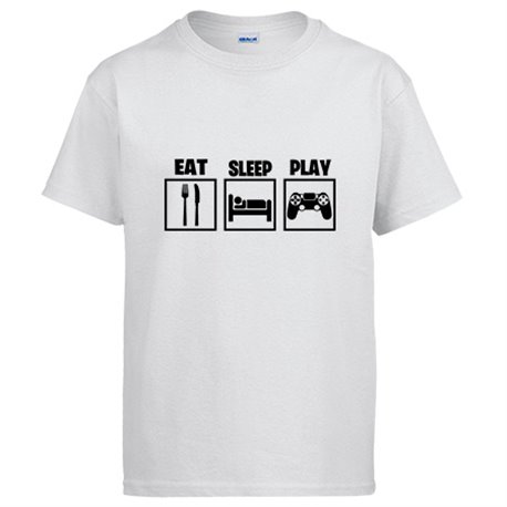 Camiseta para gamers viciados de los videojuegos con frase Eat Sleep Play