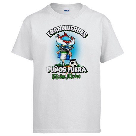 Camiseta frase franjiverdes puños fuera parodia robot de los 80 para nostálgicos futboleros de Elche