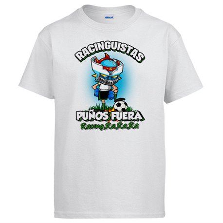 Camiseta frase racinguistas puños fuera parodia robot de los 80 para nostálgicos futboleros del Racing