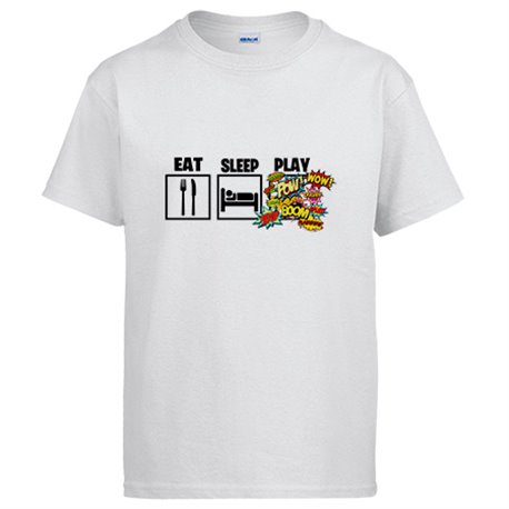 Camiseta para gamers viciados de los videojuegos de lucha y shooters con frase Eat Sleep Play