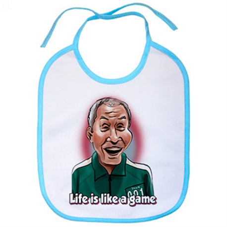 Babero parodia del calamar caricatura del viejo jugador 001 con frase gganbu