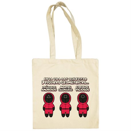 Bolsa de tela parodia del calamar con frase divertida de las tres figuras geométricas triángulo cuadrado círculo