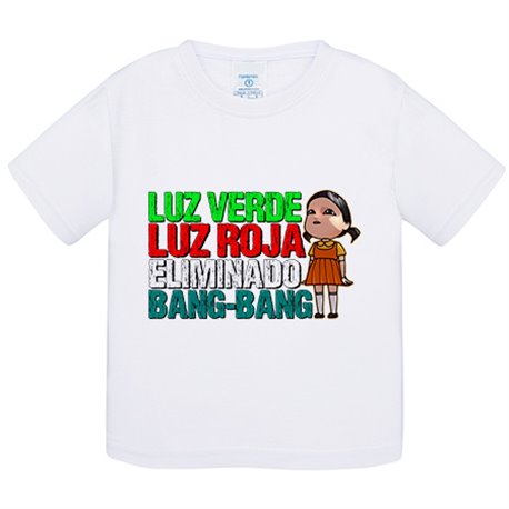 Camiseta bebé parodia de la muñeca del calamar luz verde luz roja eliminado