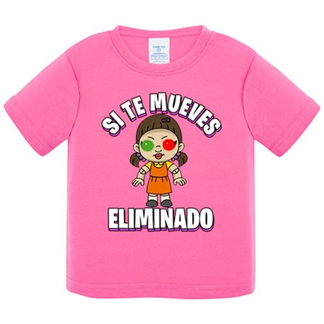 Camiseta bebé parodia de la muñeca del calamar si te mueves eliminado del juego