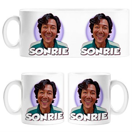 Taza ilustración caricatura de jugador del calamar sonriendo