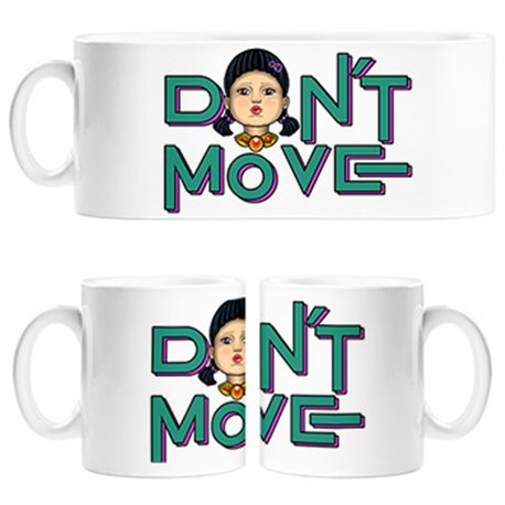 Taza parodia de la muñeca del calamar del juego luz verde luz roja no te muevas