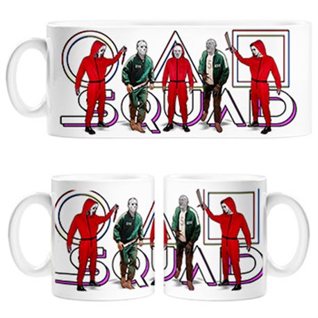 Taza parodia del calamar con equipo de personajes malos de películas