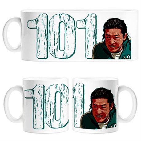 Taza parodia del calamar jugador número 101 ilustración personaje