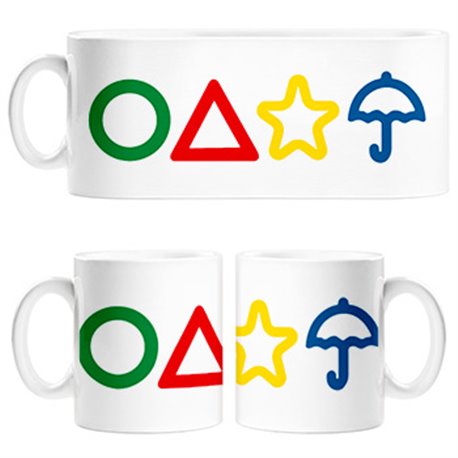 Taza parodia del calamar símbolos de colores homenaje al juego de la galleta
