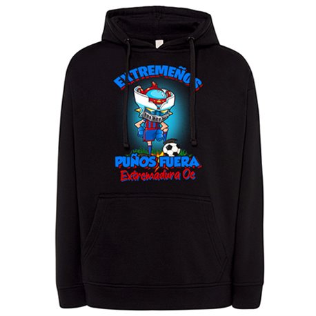 Sudadera frase extremeños puños fuera parodia robot de los 80 para nostálgicos futboleros de Extremadura